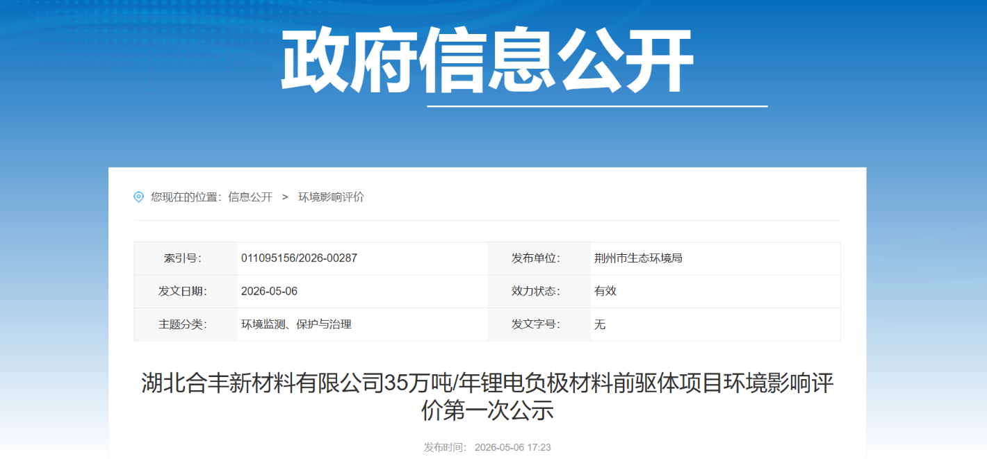 湖北合丰35万吨/年锂电负极材料前驱体项